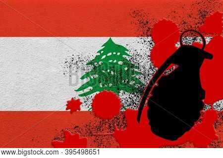 Lebanon Flag And Mk2 Frag Grenade In Red Blood. Concept For Terror Attack Or Military Operations Wit