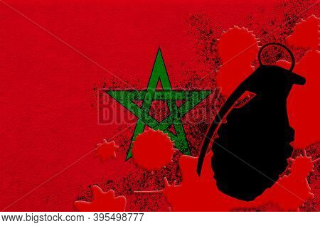Morocco Flag And Mk2 Frag Grenade In Red Blood. Concept For Terror Attack Or Military Operations Wit