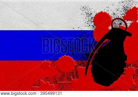Russia Flag And Mk2 Frag Grenade In Red Blood. Concept For Terror Attack Or Military Operations With