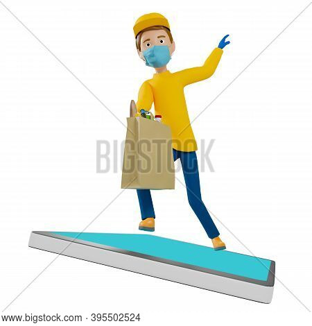 3D Rendering. A Man In Uniform From A Delivery Service With A Box In His Hands.