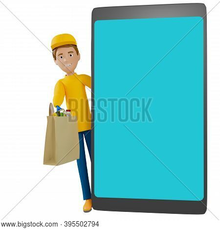 3D Rendering. A Man In Uniform From A Delivery Service With A Box In His Hands.