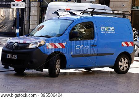 Bordeaux , Aquitaine / France - 11 11 2020 : Enedis Edf Logo Sign On Blue Panel Van Truck Electricit