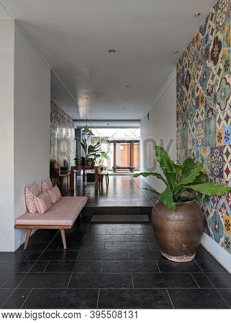 Denpasar, Indonesia - October 5, 2019: Interior Of A Common Living Room At Seruni Guest House.