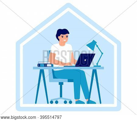 Young Man Works On Laptop At Home. Online Education, Distance Learning Or Working At Home Concept. W