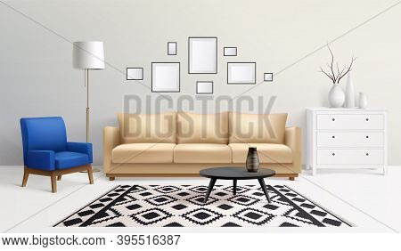 Interior Realistic Composition With Living Room Scenery And Pieces Of Designer Furnitire With Sofa A