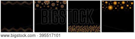 Abstract Golden Border Designs Of Curved Lines, Golden Snow Flakes, Leaves And Balls On Black Backgr