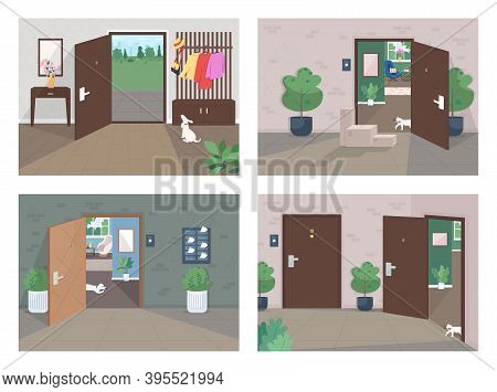 Home Delivery Service Flat Color Vector Illustration Set. Shipping Packages To Door. Empty Room. Par