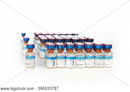 Bottles Of New Sars-cov-2 Vaccine On Table Ready For Application