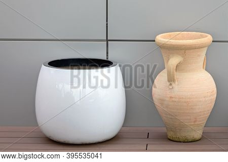 New Ceramic Pot And Old Jug Earthware Pottery Terrace