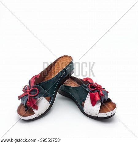 Women's Summer Shoes On A White Background. Genuine Leather Mules With Thick Soles. Red-white-blue C