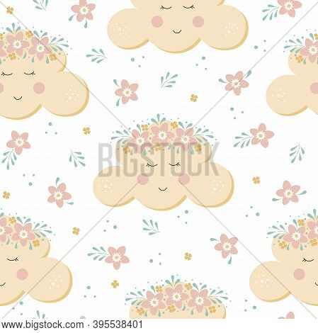 Baby Sleeping Yellow Cloud Seamless Pattern. Children Vector Illustration. Digital Paper For Kids. F