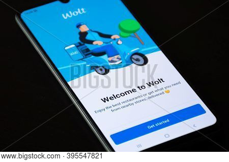 Vilnius, Lithuania - November 19 2020: Wolt, Food Ordering And Delivery Service. Takeaway Food Durin