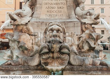 Fontana dei Pantheon fountain detail featuring ornate marble dolphins, Piazza della Rotonda, Rome, Italy