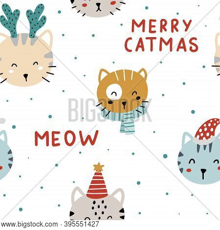 Cute Christmas Seamless Pattern With Cute Hand Drawn Colorful Cats And Lettering. Merry Catmas Vecto
