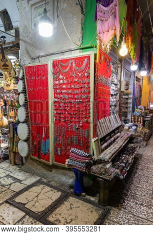 Jerusalem, Israel, November 14, 2020 : Souvenir Shop At The Oriental Bazaar In Muristan District In 