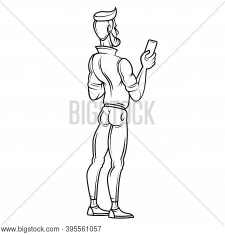 Young Bearded Man In A Shirt With Short Sleeves, With A Phone In His Hands. Haracter Outline Cartoon