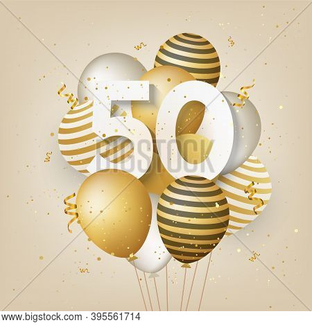 Happy 50th Birthday With Gold Balloons Greeting Card Background. 50 Years Anniversary. 50th Celebrat