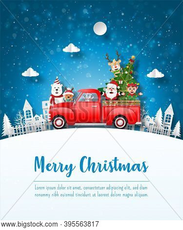 Merry Christmas And Happy New Year, Christmas Postcard Of Santa Claus And Friend With Red Car In The