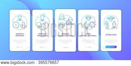 Raw Throat Symptoms Onboarding Mobile App Page Screen With Concepts. Swollen Glands, Hoarse Voice Wa