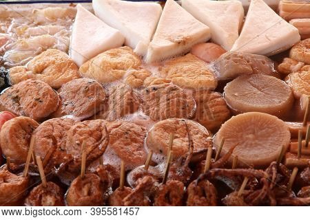 Japanese Cuisine - Oden Food In Soy Broth. Typical  Winter Food In Japan With Sausages, Dumplings, T