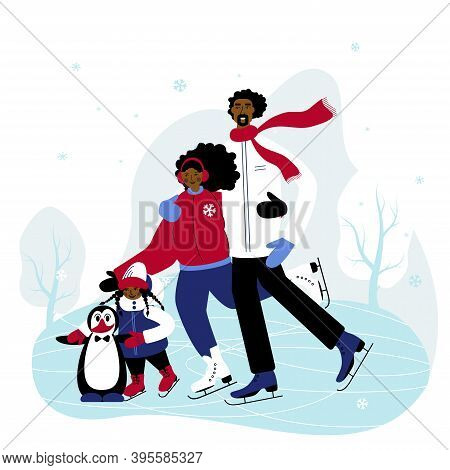 Family Members Are Skating Together One The Ice In Winter. Dad And Mum Teach Their Dother To Skate A