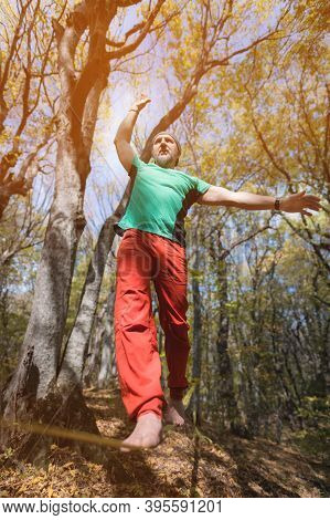 An Adult Bearded Man Balancing On A Tight Slackline Is Engaged In Balancing Act In The Autumn Forest