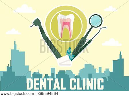 Concept Of Dental Clinic. Geotag Icon In Form Of Tooth Symbol On City Background.teeth Treatment And