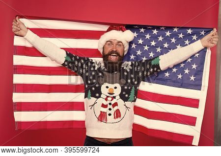 Christmas Holiday. Guy Celebrate Christmas. Cheerful Hipster. Love Your Country. Christmas In United