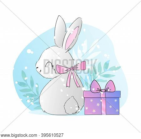 Hand Drawn Cute Rabbit Vector And A Gift With A Bow Litlle Bunny