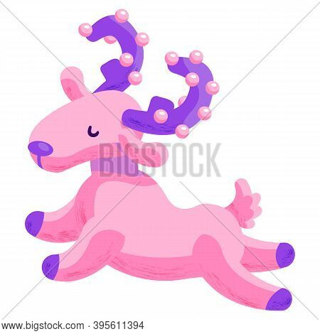 Pink Christmas Deer On White Isolated Backdrop. Christmas Holiday Mascot For Invitation Or Gift Card