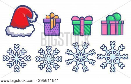 Snowflake, Hat, Gifts On White Isolated Backdrop. Christmas Holiday Symbols For Invitation Or Gift C
