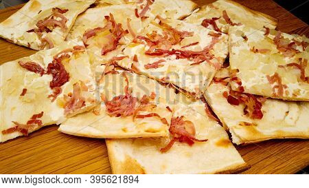 Tarte Flambee Is A Kind Of French Pizza From Alsace Made From A Very Thin Layer Of Pastry Topped Wit