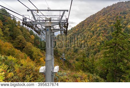View Of Mountains And Valleys From The Dragondola (naeba-tashiro Gondola) In Autumn Foliage Season. 