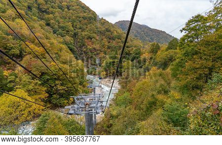 View Of Mountains And Valleys From The Dragondola (naeba-tashiro Gondola) In Autumn Foliage Season. 