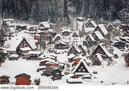 Shirakawago, Japan historic village in winter.