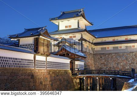 Kanazawa, Japan at Kanazawa Castle on a winter dusk.