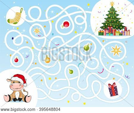 Help The Bull Find His Way To Gifts For The New Year 2021. Maze For Children, Puzzle, Educational Ga
