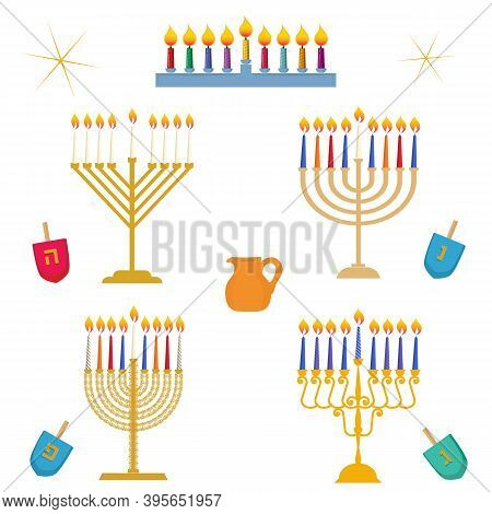 Different Types Of Hanukkah, Festival Of Light, Traditional Golden Menorah Candelabrum With Colorful