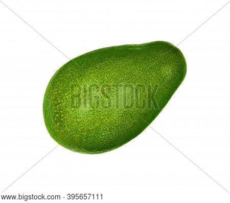 Close Up One Fresh Green Ripe Whole Avocado (persea Gratissima) Isolated On White, Elevated Top View