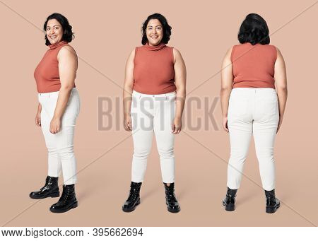 Size inclusive fashion orange top and white jeans mockup