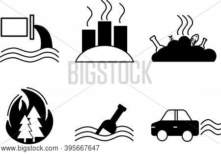 Vector Icons Of Environmental Pollution. Environmental Protection Symbols. Ecological Catastrophy. W