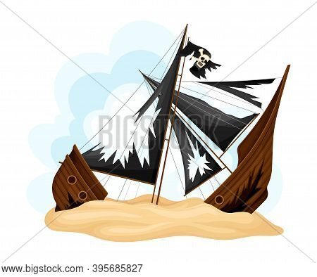 Ruined Pirate Ship Or Vessel With Ripped Black Sail Rested On Sand Vector Illustration