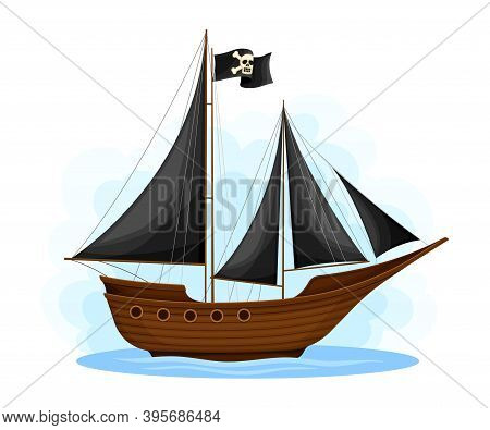 Wooden Pirate Ship Or Vessel With Black Sail And Crossbones Vector Illustration