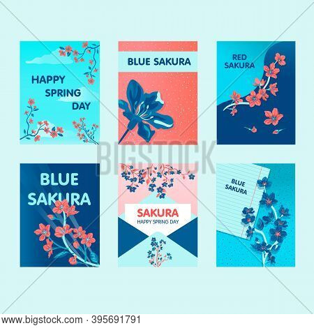 Sakura Greeting Card Designs With Best Wishes. Creative Postcards With Blooming Flowers On Branch. J