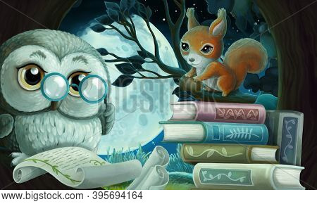 Cartoon Scene Wise Owl In Tree House Reading Books With Friends Illustration