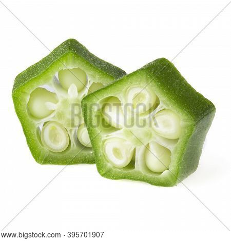 Sliced Green Okra Isolated On The White Backgroud.