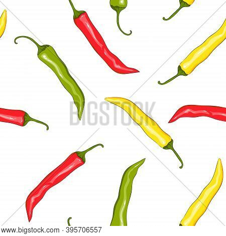 Seamless Pattern Red, Yellow And Green Chilli Pepper. Peppers Background. Hand Drawing Chilli Pepper