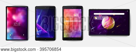 Tablets, Smartphone, Set Of With Colorful Abstract Screensaver Top View Isolated On White Background