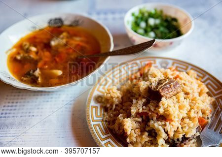 Close Up Of Chorba Soup And Pilaff In A Plate As Balkar Lunch