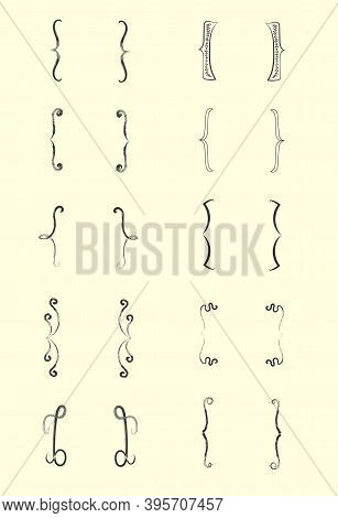 Brackets Vintage Curly Typography Icon. Hand Drawn Simple Brackets Set. Black Hooks. Doodle, Vintage